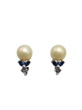 Vintage Faux Pearl Clip On Earrings Blue Rhinestone Silver Tone Accents Elegant